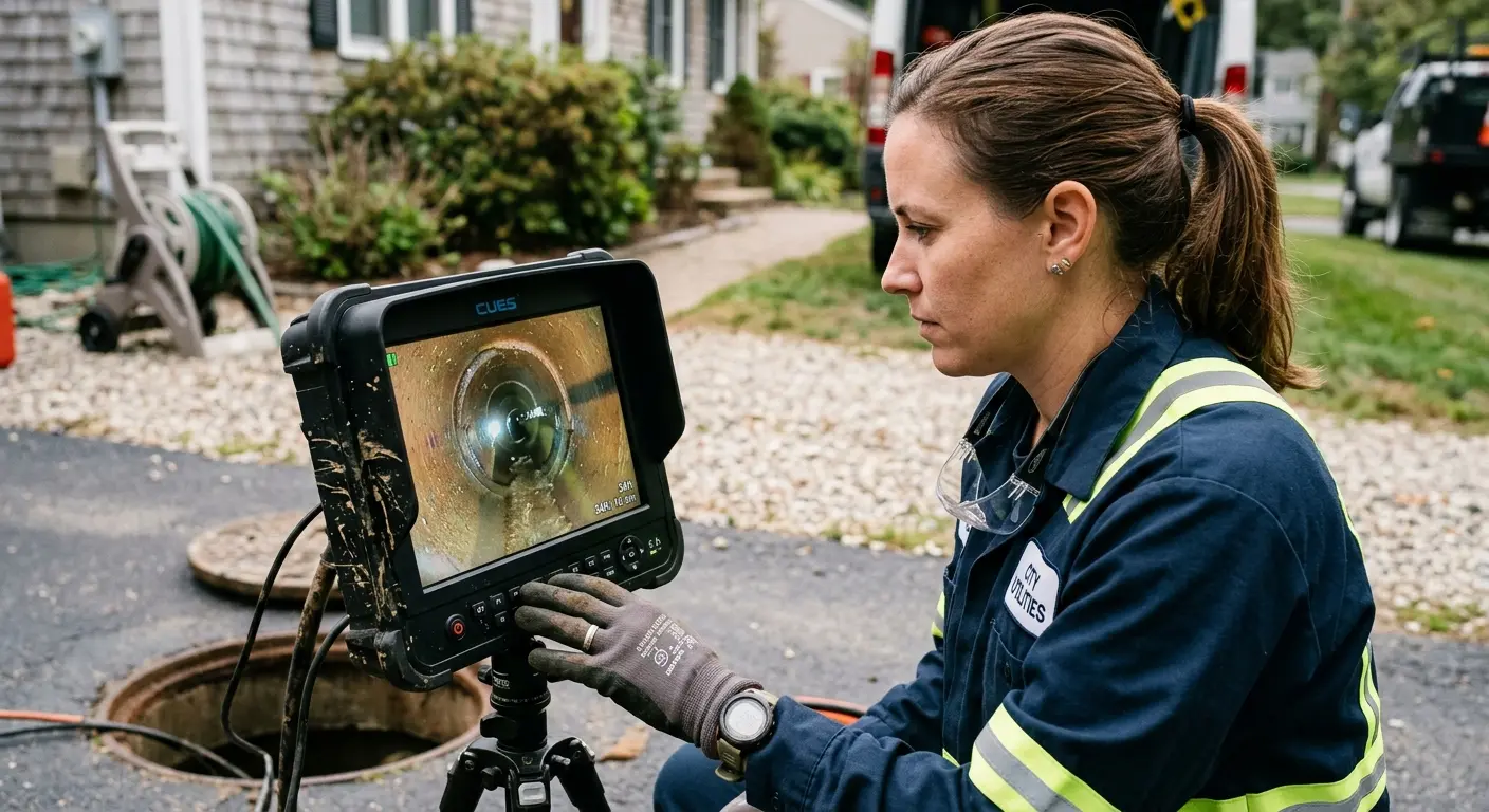 Technician reviewing sewer camera inspection footage in Coeymans