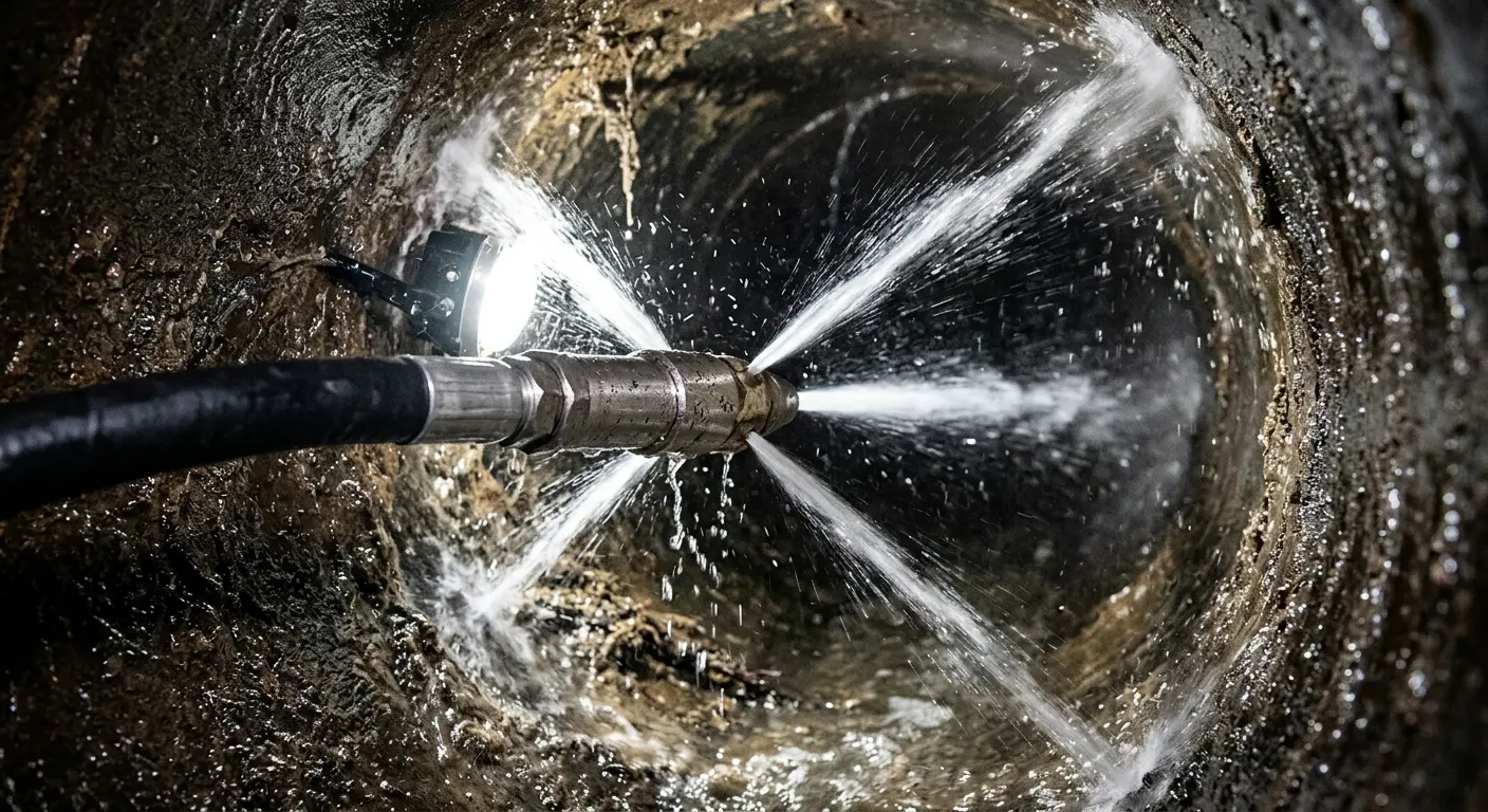 High-pressure hydro jetting nozzle cleaning sewer pipe for Emergency Drain Service in Coeymans