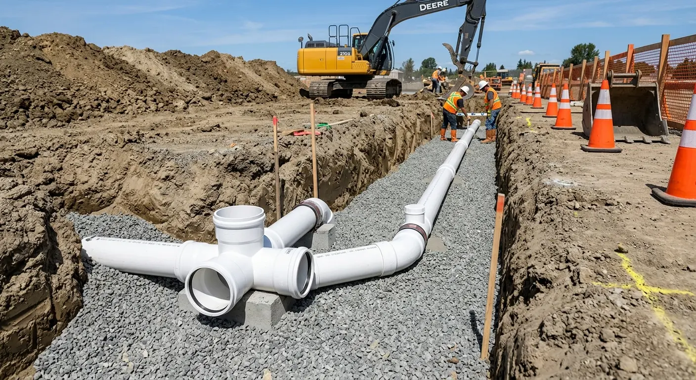 New PVC sewer pipe installation in open trench for Sewer Camera Inspection in Coeymans